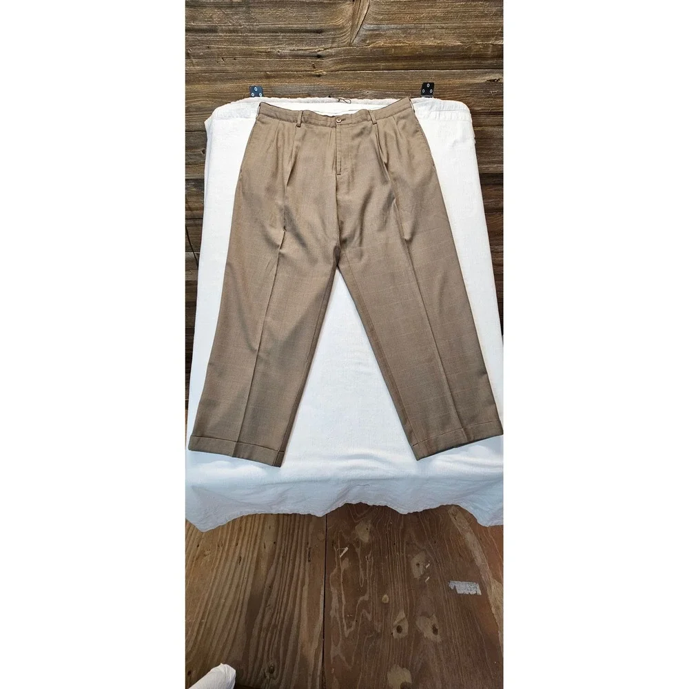 Alan Flusser Golf Mens 38x30 Brown Glen Plaid Double Pleated Cuffed Dress Pants